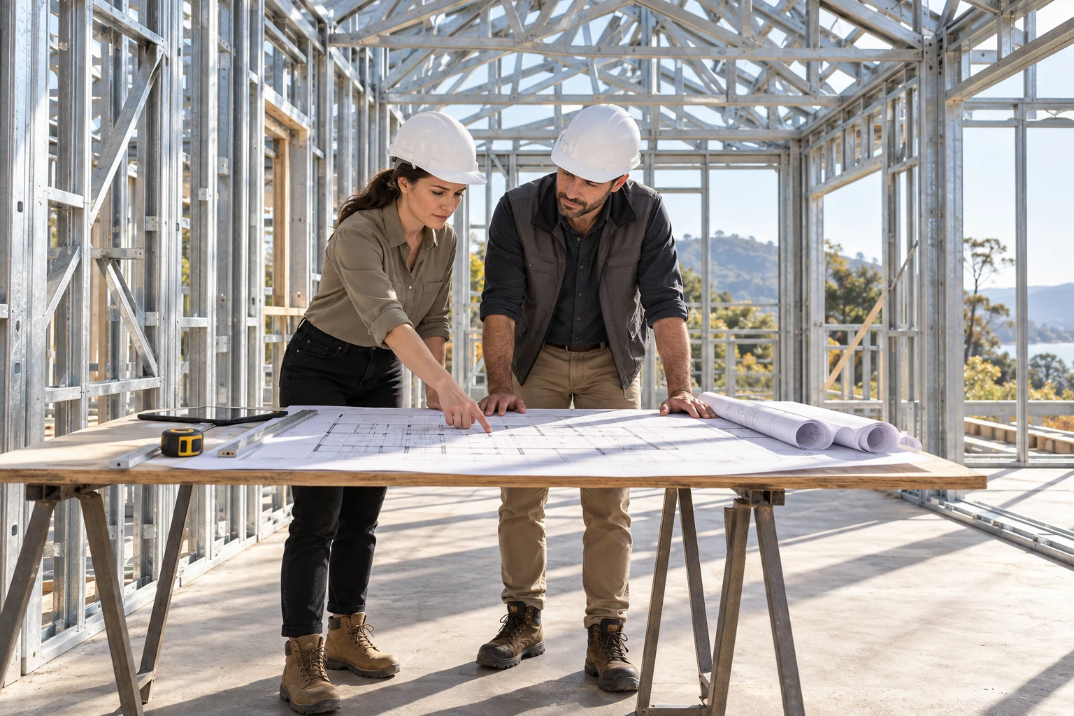 Ilustración de una arquitecta y un arquitecto revisando planos en una obra de steel framing